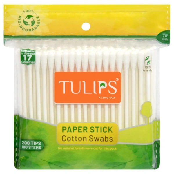 Tulips Premium Cotton Ear Buds 100 Sticks (200 Tips) Pack of 1 | Soft, Safe & Hygienic | 100% Pure Cotton | Ideal for Daily Care | With White Paper Sticks | Eco-Friendly & Gentle