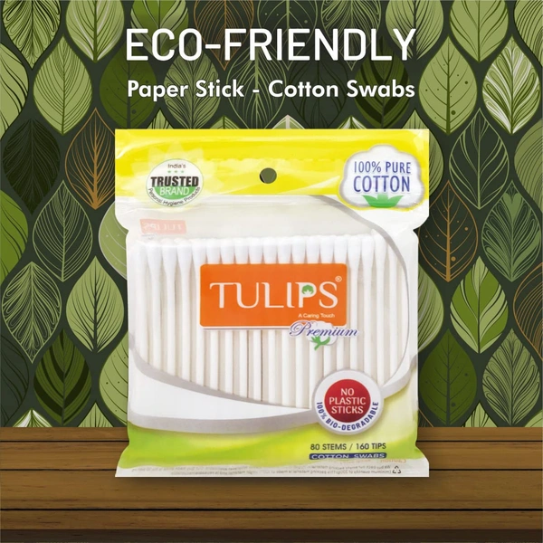 Tulips Premium Cotton Ear Buds 80 Sticks (160 Tips) Pack of 2 | Soft, Hygienic & Gentle | 100% Pure Cotton | Ideal for Personal Care & Makeup With White Paper Sticks | Eco-Friendly & Gentle
