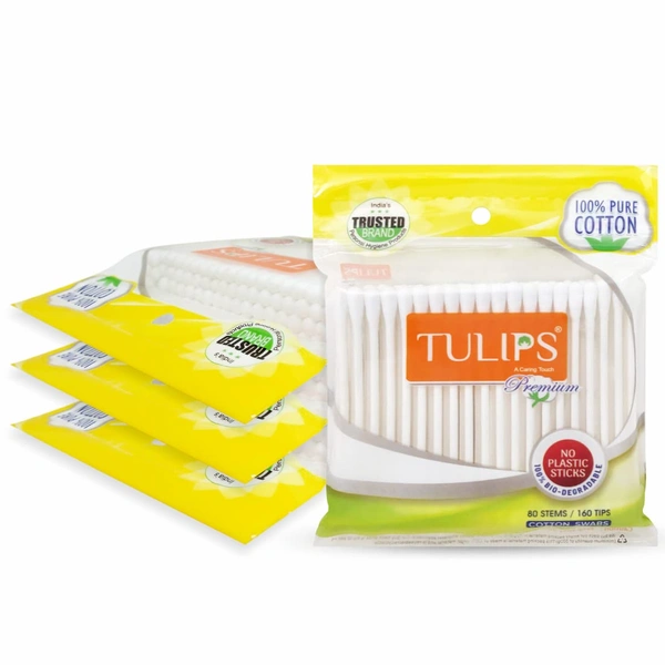 Tulips Premium Cotton Ear Buds 80 Sticks (160 Tips) Pack of 2 | Soft, Hygienic & Gentle | 100% Pure Cotton | Ideal for Personal Care & Makeup With White Paper Sticks | Eco-Friendly & Gentle