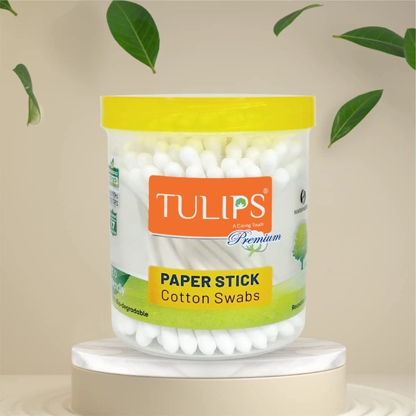 Tulips Premium Cotton Paper Swabs 100 Stems (200 Tips ) x  4  Set | 100% Pure & Soft Cotton | Biodegradable & Multi Purpose | Gentle & Eco-Friendly