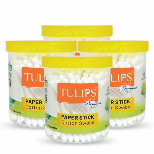 Tulips Premium Cotton Paper Swabs 100 Stems (200 Tips ) x  4  Set | 100% Pure & Soft Cotton | Biodegradable & Multi Purpose | Gentle & Eco-Friendly