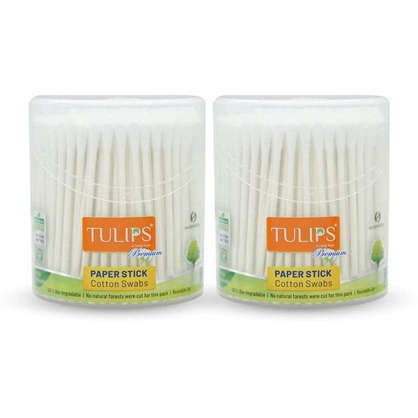Tulips Premium Cotton Paper Swabs Flip Jar - 200 Stick 400 Tips  (Set of 2) | 100% Pure Cotton | Biodegradable & Eco-Friendly Swabs for Multi-Purpose Use