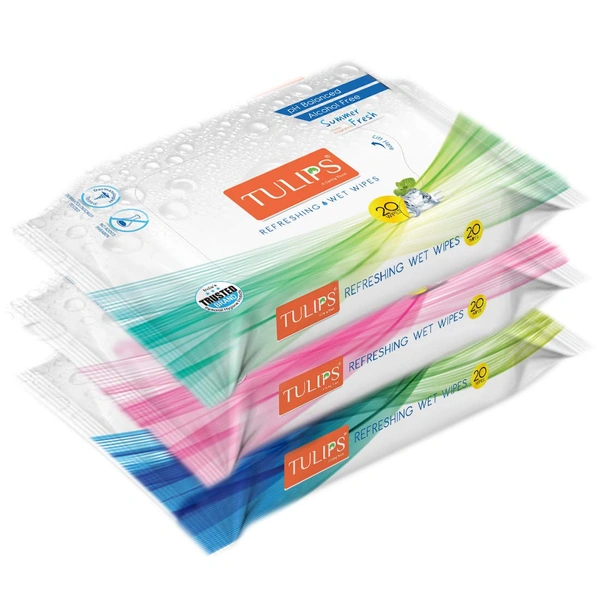 Tulips Refreshing Wet Wipes,  Assorted Fragrances - Japanese Cherry, Magnolia & Summer Fresh (60 Wipes) | Gentle & Soft for Face | Hands & Body | Perfect for Travel & Daily Use