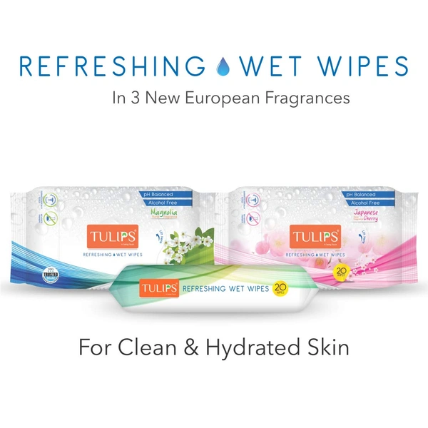 Tulips Refreshing Wet Wipes,  Assorted Fragrances - Japanese Cherry, Magnolia & Summer Fresh (60 Wipes) | Gentle & Soft for Face | Hands & Body | Perfect for Travel & Daily Use