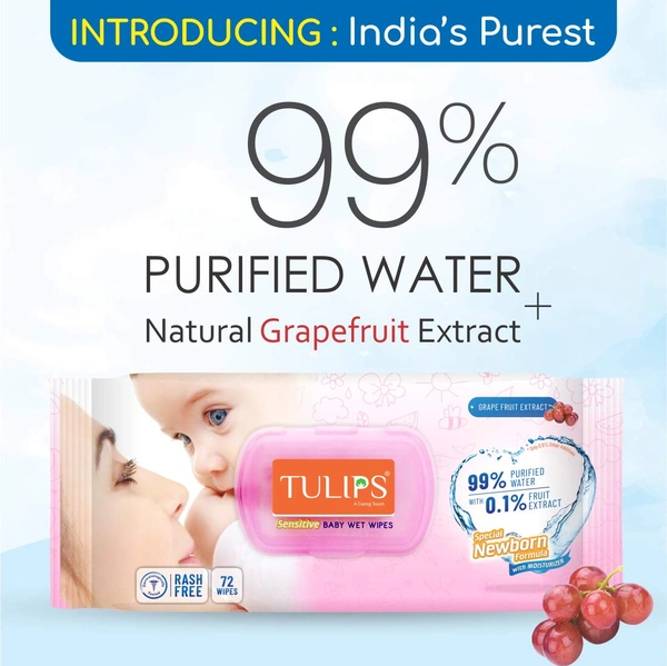 Tulips Sensitive Baby Wet Wipes Non-LID Pack (72 Wipes) | Gentle Cleaning | Moisturizing | Rash-Free | 99% Purified Water & Grapefruit Extracts