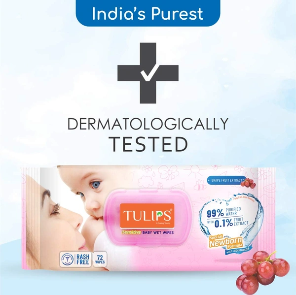 Tulips Sensitive Baby Wet Wipes Non-LID Pack (72 Wipes) | Gentle Cleaning | Moisturizing | Rash-Free | 99% Purified Water & Grapefruit Extracts