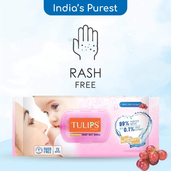 Tulips Sensitive Baby Wet Wipes Non-LID Pack (72 Wipes) | Gentle Cleaning | Moisturizing | Rash-Free | 99% Purified Water & Grapefruit Extracts