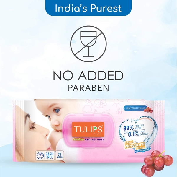 Tulips Sensitive Baby Wet Wipes Non-LID Pack (72 Wipes) | Gentle Cleaning | Moisturizing | Rash-Free | 99% Purified Water & Grapefruit Extracts