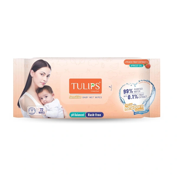 Tulips Sensitive Baby Wipes without Lid (72 Wipes) | 99% Purified Water | Prevents Rashes & Redness | Enriched with Fruit Extract & Apricot Oil