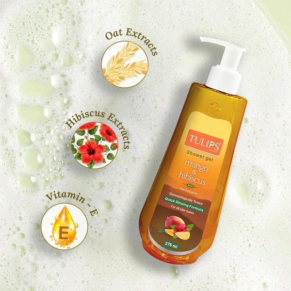 Tulips Shower Gel Mango & Hibiscus 275ml, Quick Rinsing Formula| Rich Lather & Amazing Fragrance For All Skin Types | Paraben  SLS & SLES Free | Dermatologically Tested