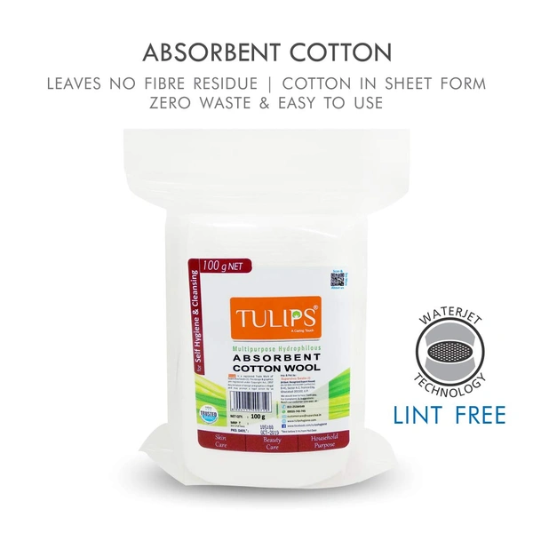 Tulips  Soft Absorbent Cotton Wool 100g - 3 pack | Gentle  & Disposable Cotton Wool for Makeup Removal, Beauty, Baby & Adult Care | Multi-Purpose Use | Soft & Hygienic