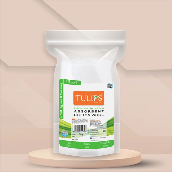 Tulips  Soft Absorbent Cotton wool 50g| Gentle & 100% Natural Cotton Wool |  Makeup Removal |  Beauty, Baby & Adult Care | Multi-Purpose Use | Hygienic & Disposable
