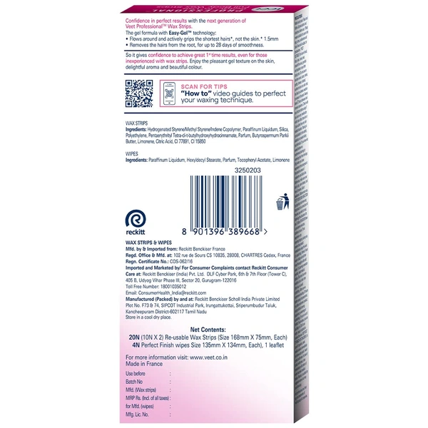 Veet Professional Waxing Strips Kit - 1 Pack for Normal Skin | Gel Wax Hair Removal for Women | 20 Strips, Up to 28 Days Smoothness, No Heater Required