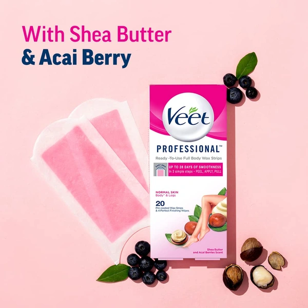 Veet Professional Waxing Strips Kit - 1 Pack for Normal Skin | Gel Wax Hair Removal for Women | 20 Strips, Up to 28 Days Smoothness, No Heater Required