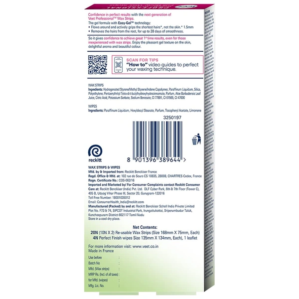 Veet Hair Removal Waxing Strips Pack 1 for Dry Skin | Gel Wax Hair Removal for Women | 20 Strips, Up to 28 Days Smoothness | No Heater Required