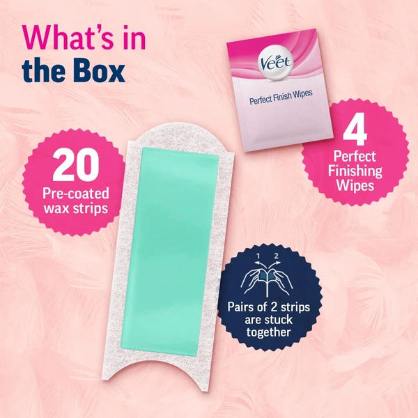 Veet Hair Removal Waxing Strips Pack 1 for Dry Skin | Gel Wax Hair Removal for Women | 20 Strips, Up to 28 Days Smoothness | No Heater Required