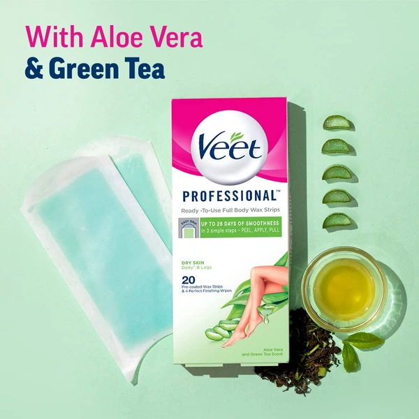 Veet Hair Removal Waxing Strips Pack 1 for Dry Skin | Gel Wax Hair Removal for Women | 20 Strips, Up to 28 Days Smoothness | No Heater Required