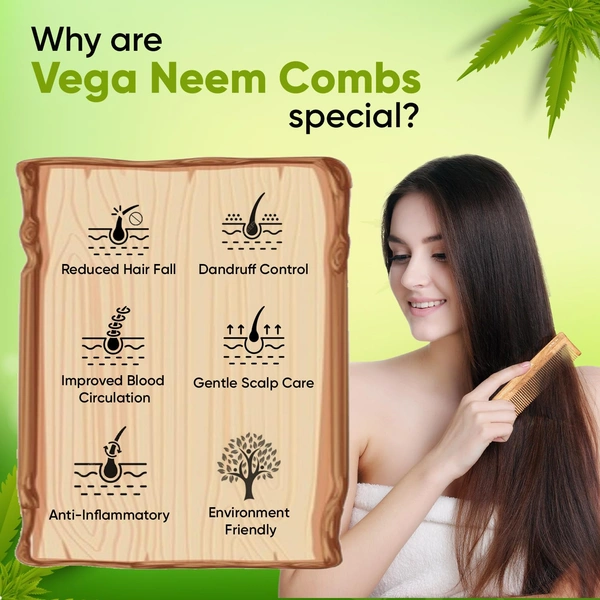 Vega WNC-01 Neem Hair Comb for Unisex | 100% Natural Neem Wood | India's No.1 Hair Comb| Anti-Dandruff, Hair Fall Control & Gentle Detangling | Eco-Friendly, Antibacterial & Frizz-Free