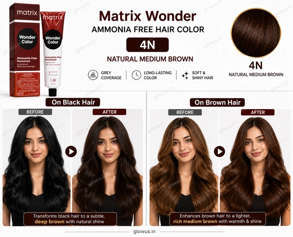 Matrix Wonder Ammonia Free Hair Color 4N 90ML | Natural Medium Brown Hair Colour | Grey Coverage | Long-Lasting Salon Hair Dye for Soft & Shiny Hair - 90g