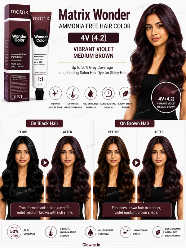 Matrix Wonder Ammonia Free Hair Color 4V (4.2) 90ML | Vibrant Violet Medium Brown Hair Colour | Up to 50% Grey Coverage | Long-Lasting Salon Hair Dye for Shiny Hair - 90g