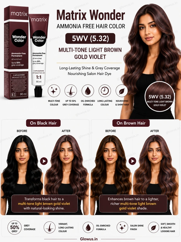 Matrix Wonder Ammonia Free Hair Color 5WV (5.32) 90ML | Multi-Tone Light Brown Gold Violet Hair Colour | Long-Lasting Shine & Grey Coverage | Nourishing Salon Hair Dye - 90g