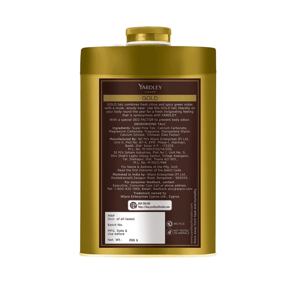 Yardley London Body Talc Gold Deodorizing (250g) for Men|Fresh Woody Scent|Masculine Fragrance