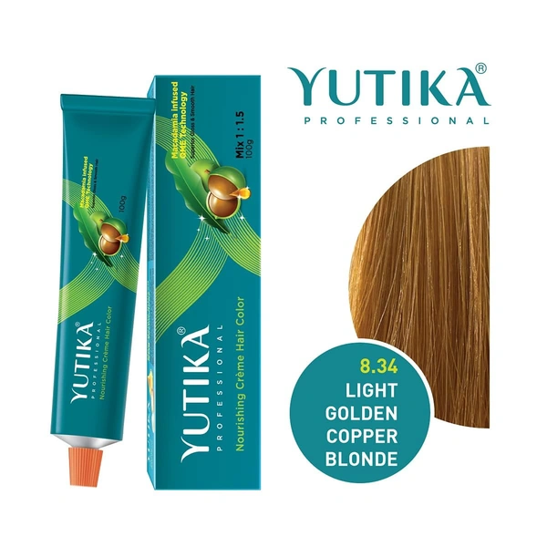 Yuthika Professional Creme Hair Color Tube 100gm with 8.34 Light Golden Copper Blonde Shade | Permanent Fashion Shade | Smooth Shine Finish | Grey Coverage | Salon Quality Result at Home