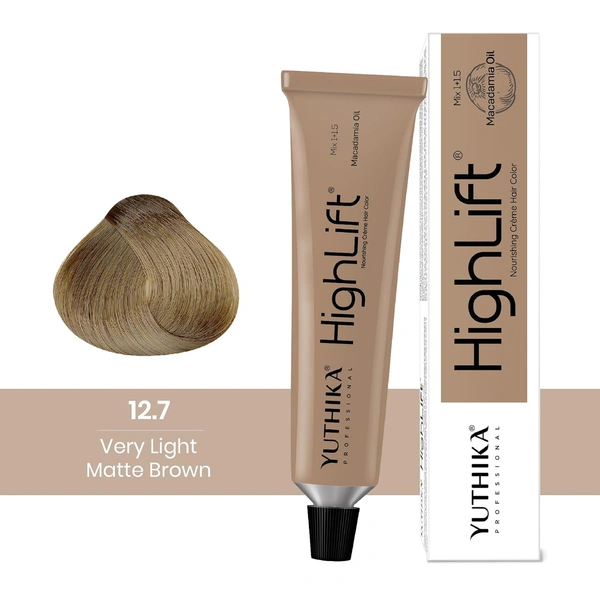 Yuthika Professional High Lift Creme Hair Colour 12.7 Very Light Matte Brown 50g | Permanent Hair Dye with Macadamia Oil & Vitamin E | Full Grey Coverage