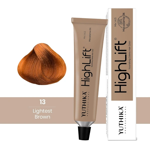 Yuthika Professional High Lift Creme Hair Colour 13 Light Brown 50g | Permanent Hair Dye with Macadamia Oil & Vitamin E | 100% Grey Coverage for Men & Women