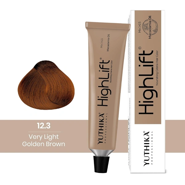 Yuthika Professional High Lift Creme Hair Colour 12.3 Very Light Golden Brown 50g | Permanent Hair Dye with Macadamia Oil & Vitamin E | Full Grey Coverage