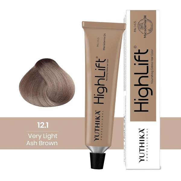 Yuthika Professional High Lift Creme Hair Colour 12.1 Very Ash Brown 50g | Permanent Hair Dye with Macadamia Oil & Vitamin E | Full Grey Coverage