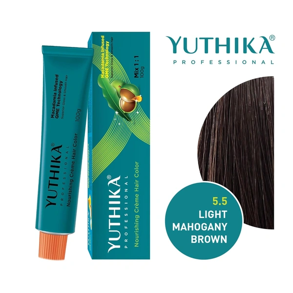 Yuthika Yutika Professional Creme Hair Color Tube 100gm Shade 5.5 Light Mahogany Brown | Permanent Hair Dye for Grey Coverage | Long Lasting Rich Shine | Smooth Salon Finish