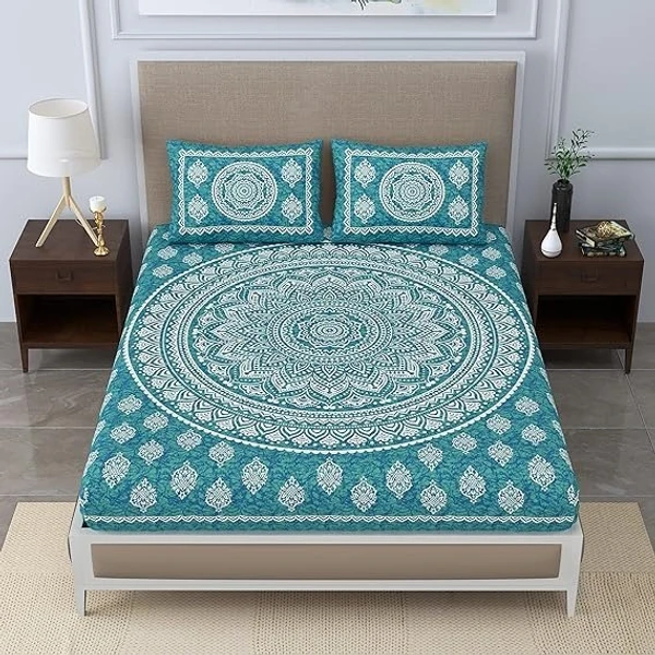 Colorish Cotton Blend Traditional Mandala Jaipuri Printed Bedsheet for Double Bed King Size with 2 Pillow Covers, Sea Green