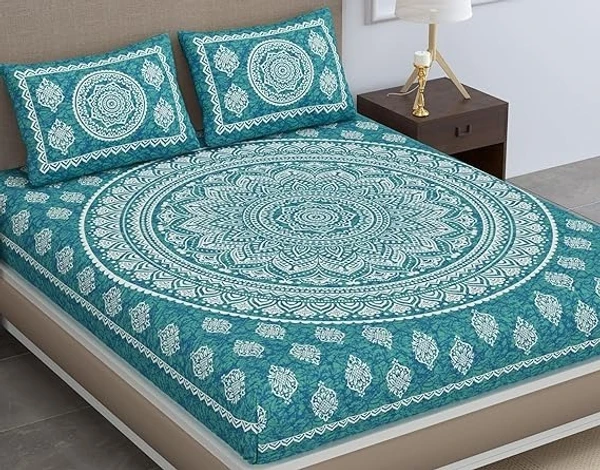 Colorish Cotton Blend Traditional Mandala Jaipuri Printed Bedsheet for Double Bed King Size with 2 Pillow Covers, Sea Green