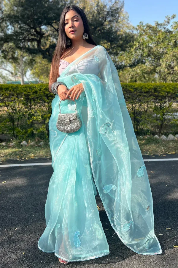 Turquoise Blue Organza Saree - Bright Turquoise