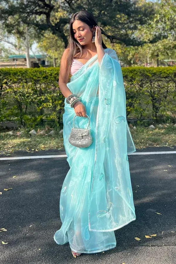 Turquoise Blue Organza Saree - Bright Turquoise