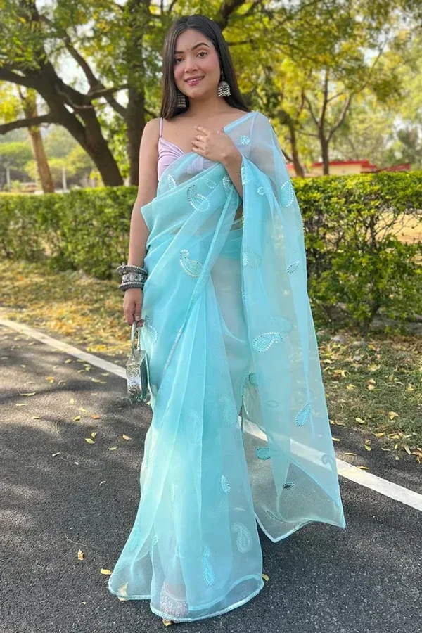 Turquoise Blue Organza Saree - Bright Turquoise