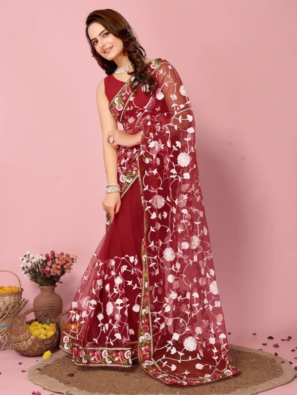 women maroon embroidered saree