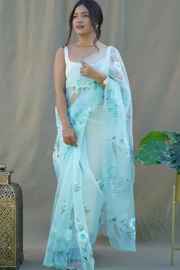 Sky Blue Organza Saree - Bright Turquoise