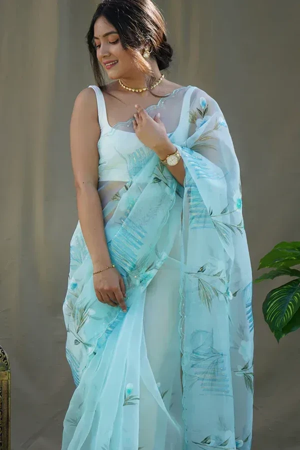 Sky Blue Organza Saree - Bright Turquoise