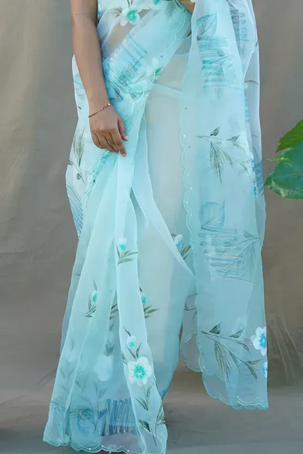 Sky Blue Organza Saree - Bright Turquoise