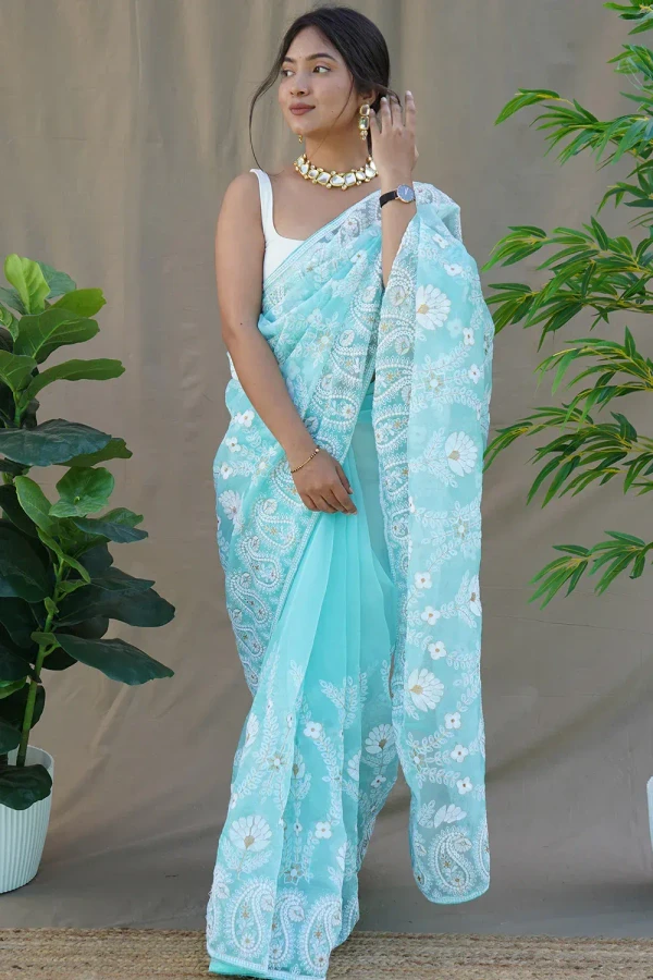 Sky Blue Organza Saree - Bright Turquoise