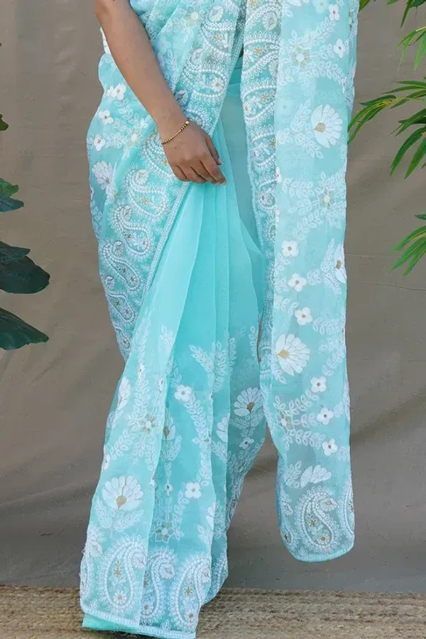 Sky Blue Organza Saree - Bright Turquoise