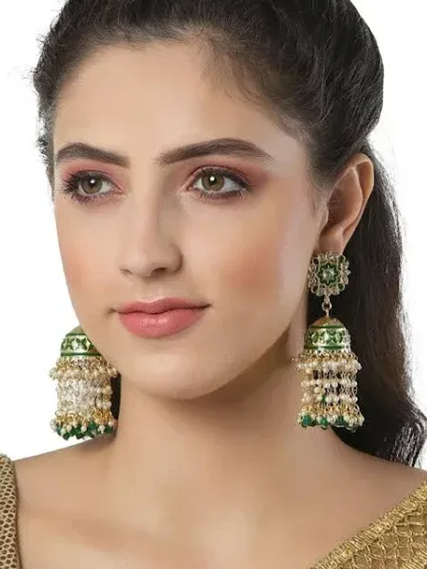 KARATCART Green Kundan Studded Contemporary Jhumkas Earrings (Onesize) by Chalo Bazar