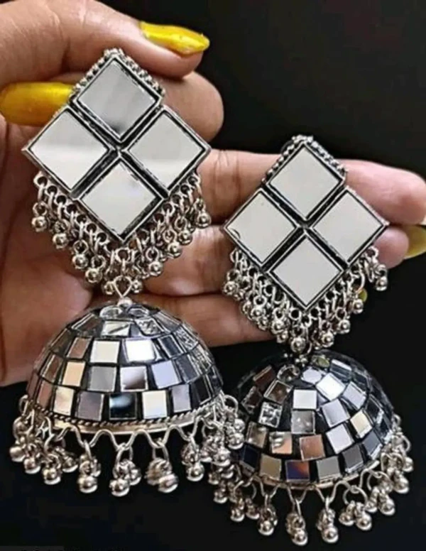 Mirror Long Silver Jhumka Earrings/ oxidized jhumka Earring