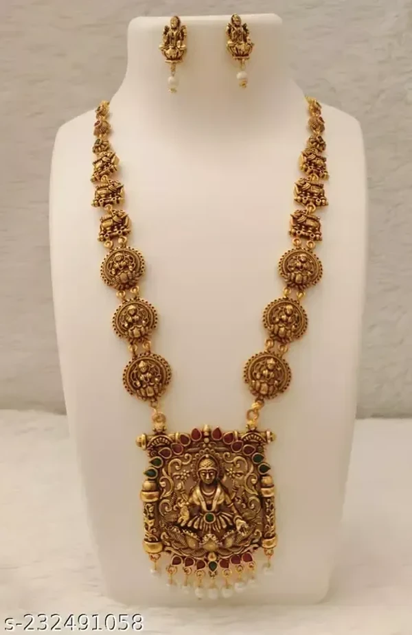 Kunj Traders Oxidized Laxmi ji Jewellery Set 1 Necklace A Pair of Earrings for Haldi, Festive, Occasions- Red Green Colour