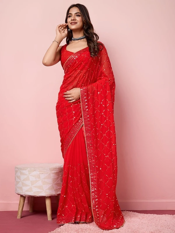 women red sequin work embroidered saree