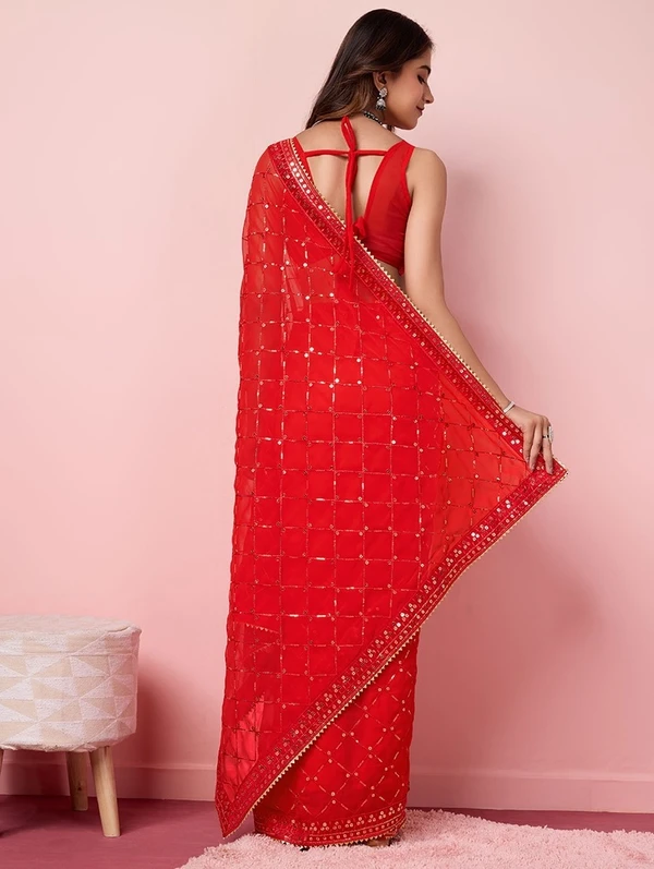 women red sequin work embroidered saree