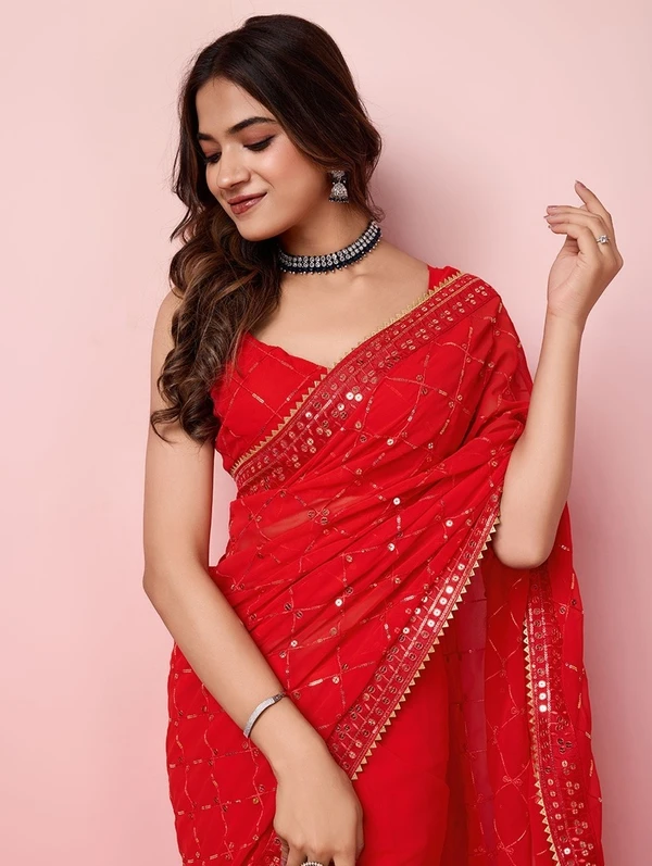 women red sequin work embroidered saree