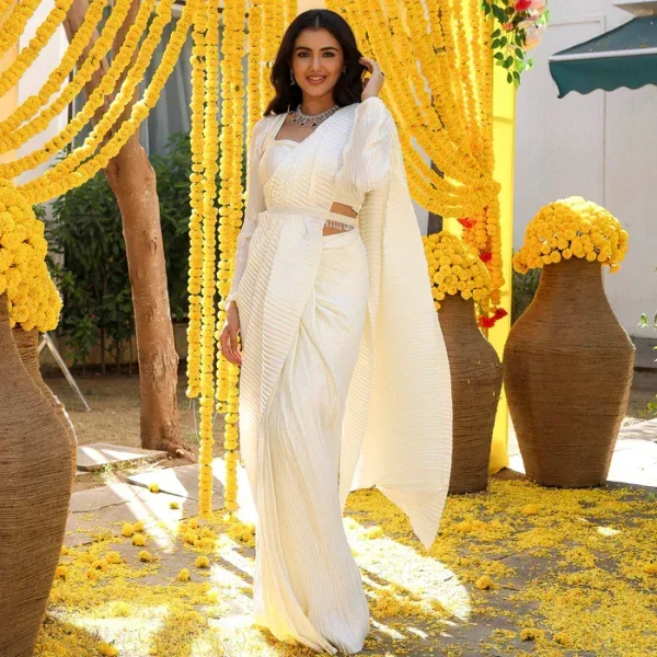 White Pleated Pre-Draped Saree